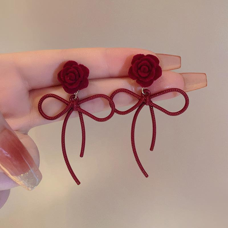 Red flower bow stud earrings niche design sense light luxury fashion high-end earrings autumn versatile