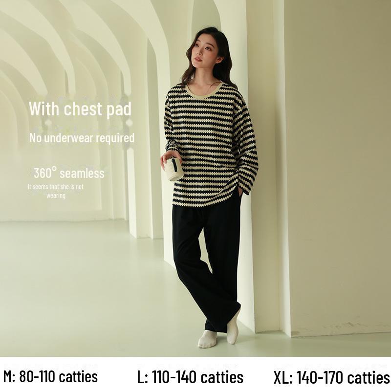 Women's Pure Cotton Long-Sleeve Pajama Set with Chest Pads - Large Size, Spring/Autumn 2025