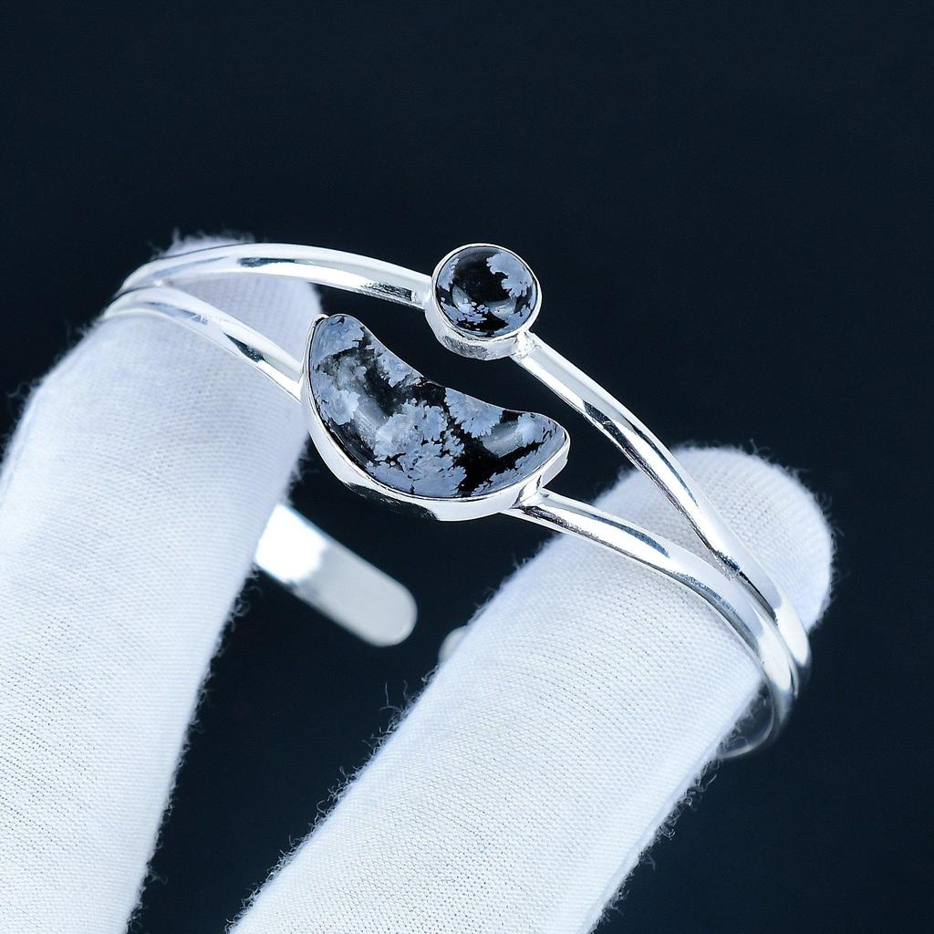 Snowflake Obsidian Gemstone Handmade Cuff Bangle 925 Sterling Silver Cuff Bangle, Snowflake Obsidian Bracelet For Wife , Unisex Bangle, Gift