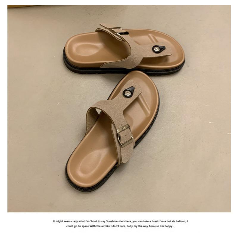 Thick Soled, Slipper, Summer, Outerwear, Toe Clip, Flat Strap, Adjustable, Square Buckle, Thick Soled Slipper, Flip Flops