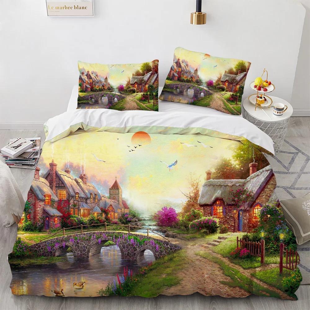 Krásný malovaný povlak na přikrývku a polštáře velikosti King Queen polyesterová ložní souprava pro děti chlapce dívky povlak na přikrývku vzor Dům Strom