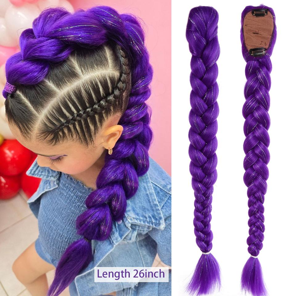 Synthetische Gevlochten Paarse Haar Paardenstaart Rumi Kostuum Kapsel 26 inch Lange Paardenstaart met Clips voor Kinderen Meisjes Halloween Kerst black