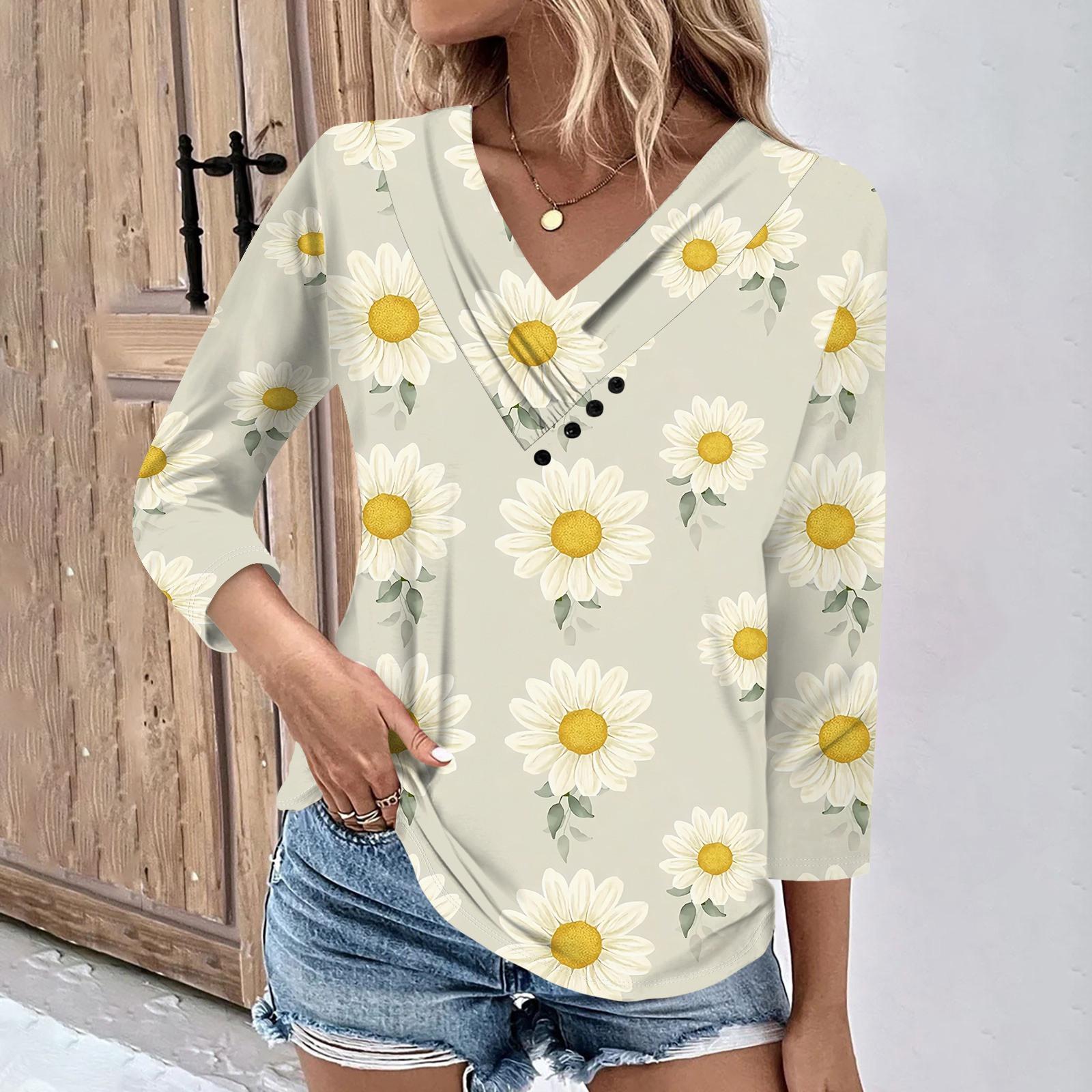 

Женские повседневные футболки с рукавом 3/4 для выходных с V-образным вырезом и принтом, свободные плиссированные футболки, женская блузка XL жёлтый