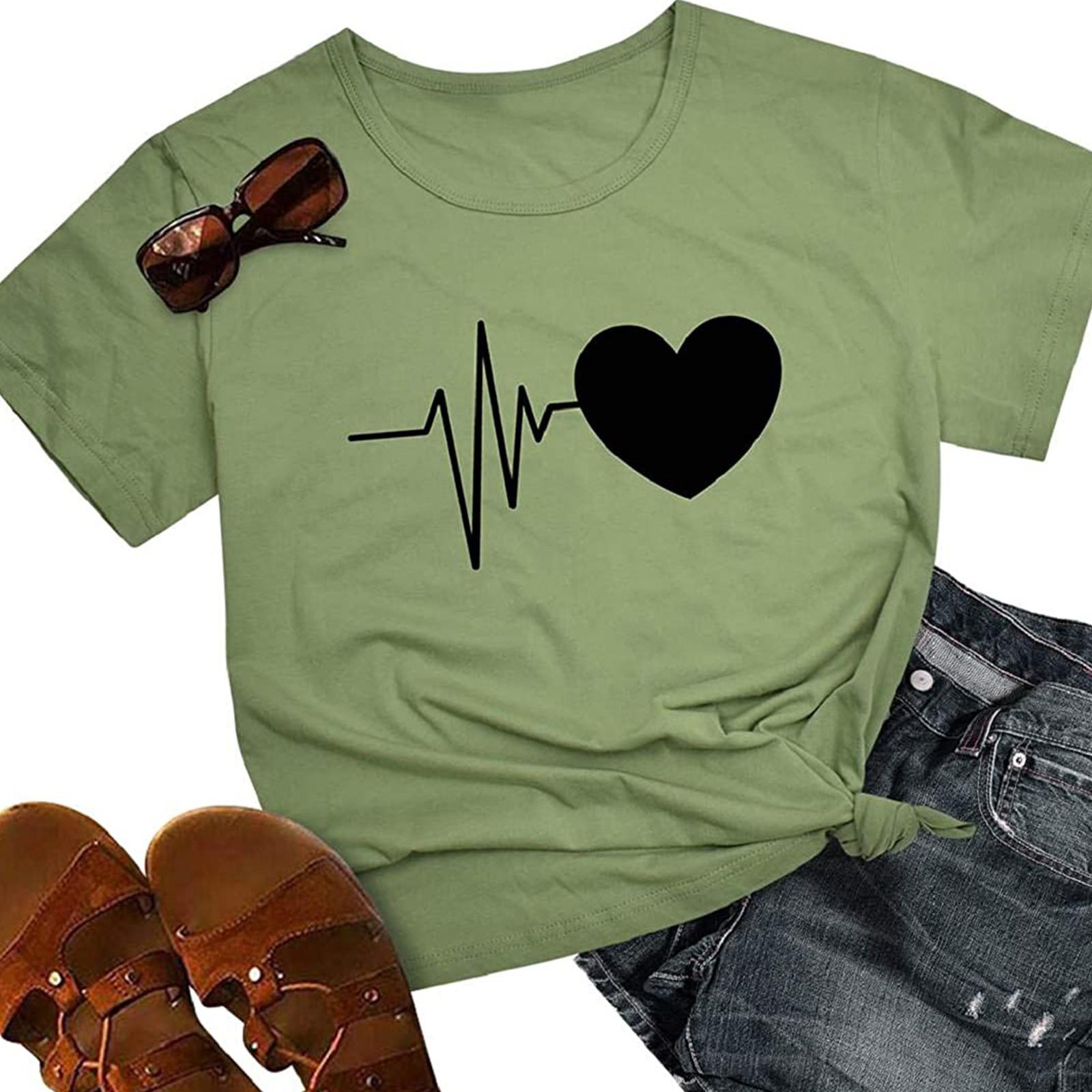 

Женская мода с круглым вырезом, пуловер с коротким рукавом, повседневная футболка с принтом любви, топ L зелёный