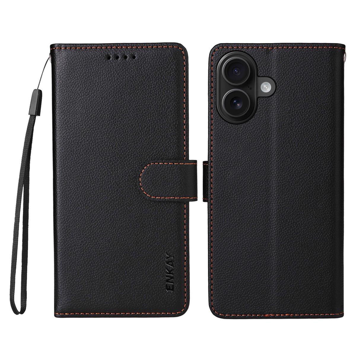 

ENKAY HAT PRINCE For iPhone 16 Wallet Case with Strap RFID Blocking Leather Stand Phone Cover Black