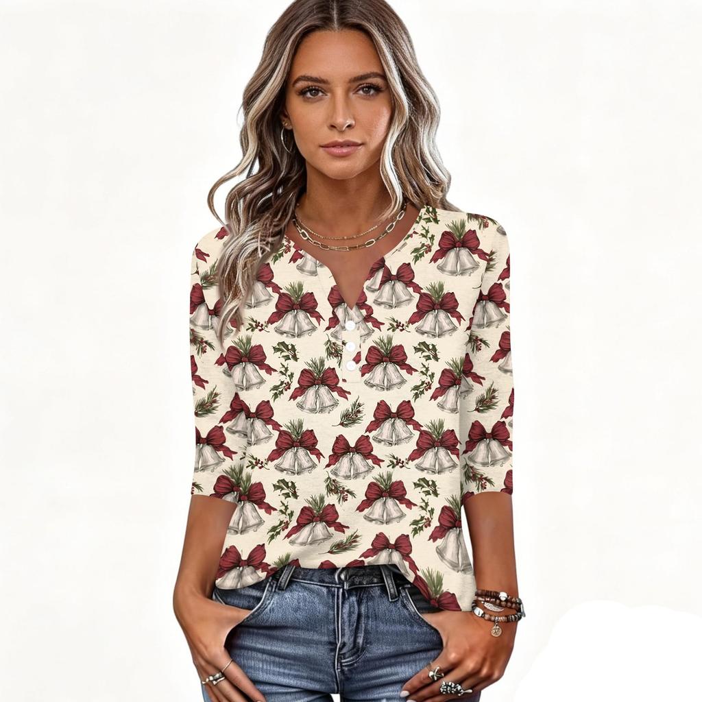 Women's Casual Christmas Print V-Neck Button Three-Quarter Sleeve T-Shirt