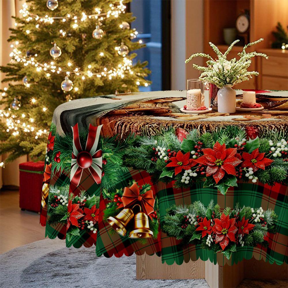 Vintage Oil Painting Christmas Round Tablecloth, Religious Figure Christmas Elements Red And Green Plaid, Rectangular Dining Table Cloth