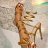 Fashion Liyke Summer Fashion Snake Twine Around Ankle Strap Gold Sandals Women Thin High Heels Stripper Sexy Banquet Shoes Size 36-42