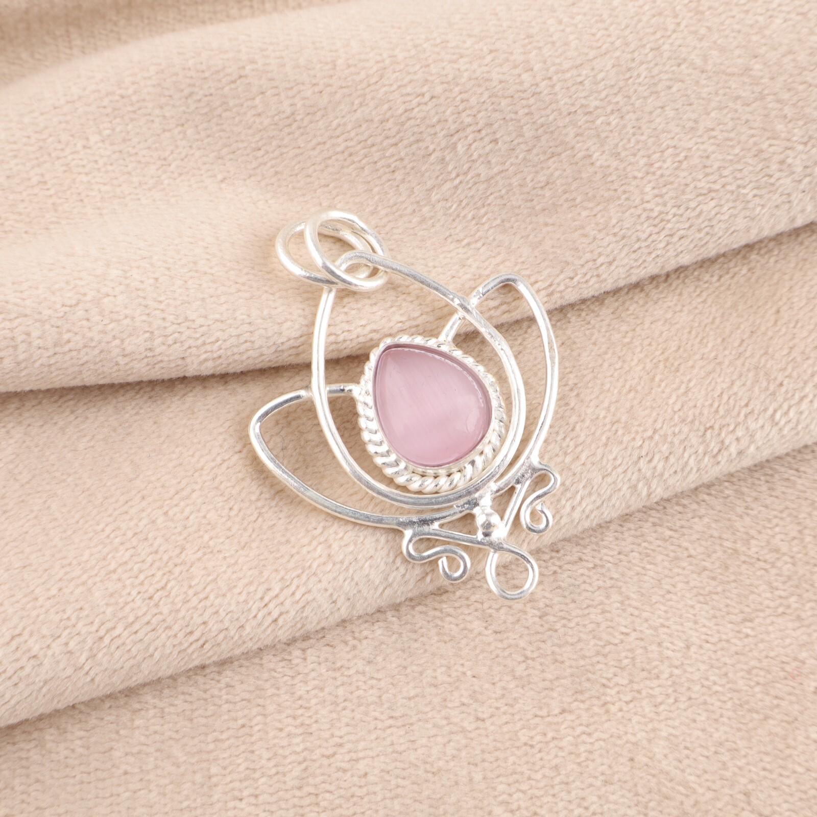 

Розовый камень «кошачий глаз» 925 проба Стерлинговое серебро Ювелирные изделия Ручной работы Подвеска Подарок для жены PP-38-49