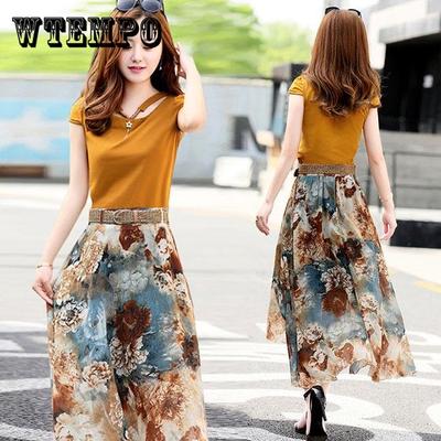 Fashion  Women's Skirt Set  Summer  Short-sleeve Slim T-shirt Top and Printed Irregular Skirt Two-piece Set Elegant Outfits for Ladies