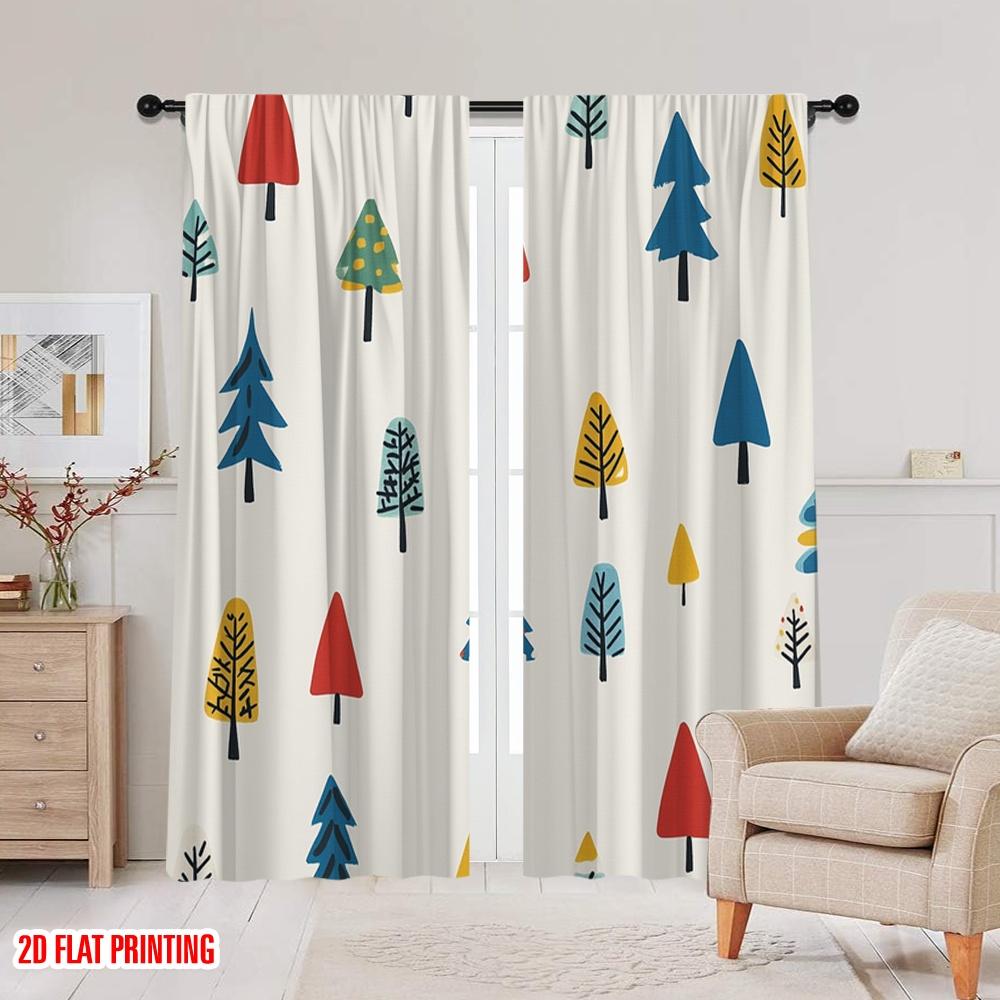 Set Of 2 Plane Printing Popular Curtains Christmas Trees Festive Holiday Versatile Fabric Without Rod Decorations Inside Curtain Polyester