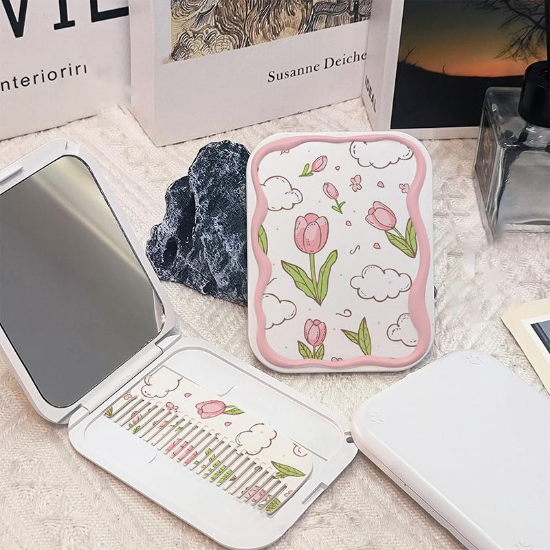 Kwiaty Flip-Top składane lusterko do makijażu przenośne kieszonkowe lusterko damskie prostokątne kosmetyczne lusterko do makijażu z grzebieniem