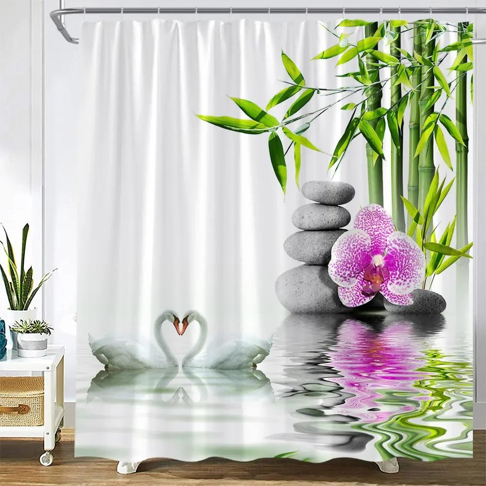 Zen Buddha Green Bamboo Shower Curtain Palm Trees Beach Ocean Flower Plant Nature Landscape Wall Hanging Bathroom Decor Curtains