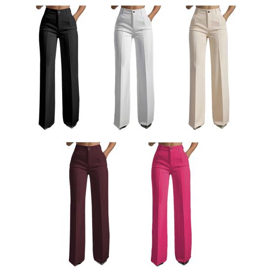 Women Suit Pants Button Zipper Trousers with Pockets Closure High Waist Long Solid Color Straight Wide
