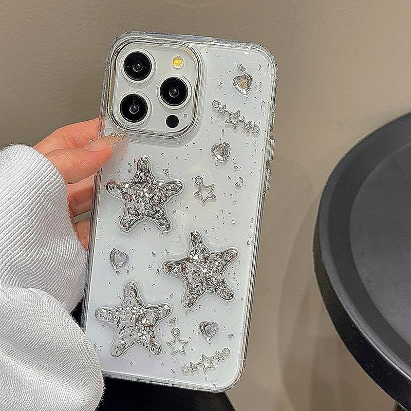 Rhinestone Love Electroplated Five-pointed Star Mobile Phone Case for IPhone17Promax Letters for Apple 16 Silver Foil Transparent