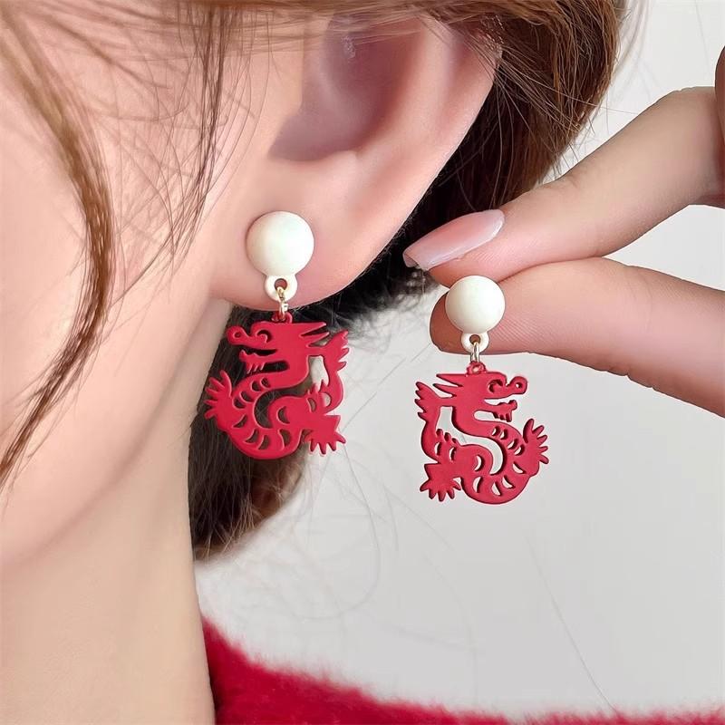 Chinese Style Red Little Lion Bell Pendant Earrings for Women The Year of The Dragon Gift New Year Festive Jewelry Gifts