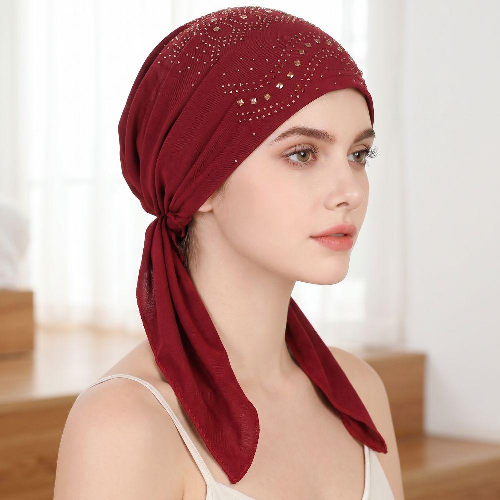 Soft Elastic Muslim Headscarf Hat Solid Color Rhinestone Hijab Caps Ramadan