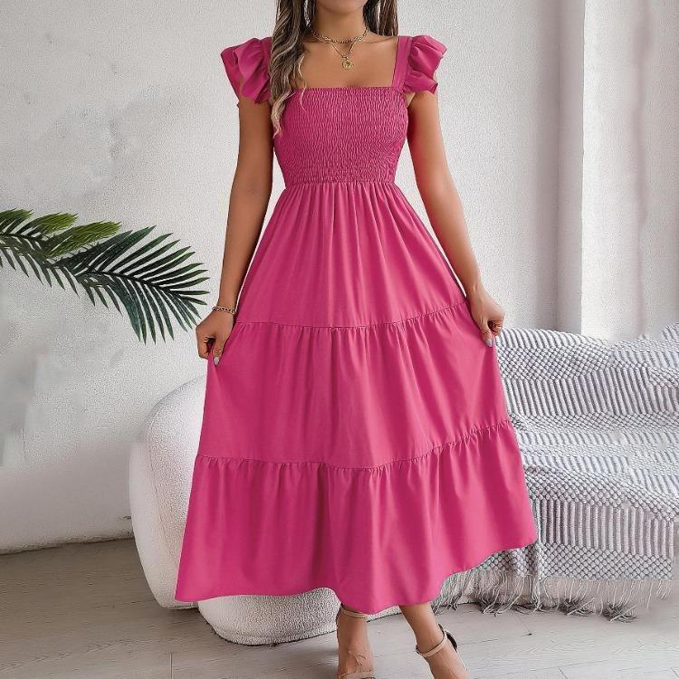 Autumn Winter Women Elegant High Waist Pleated Dress Short Sleeve Solid Color Lace Up Fashion