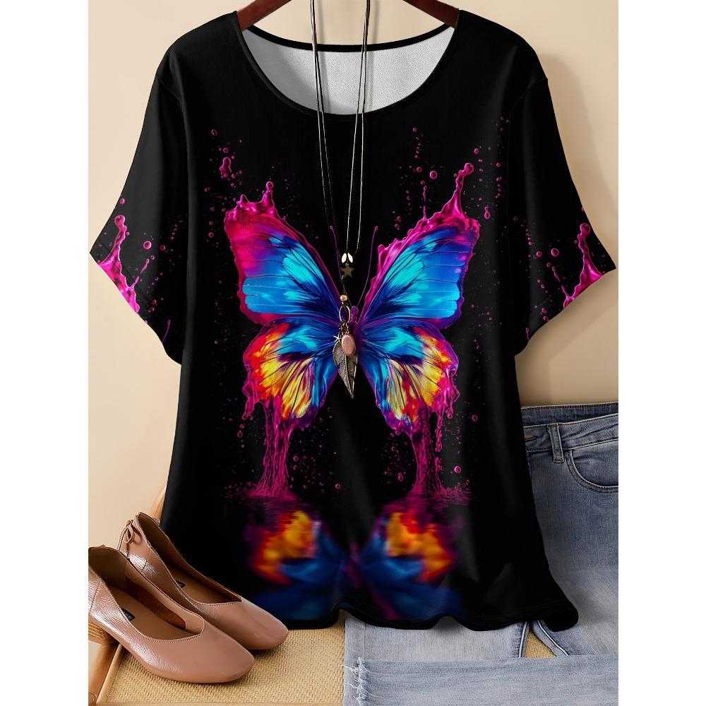 

Fashion Flower and Butterfly Pattern 3D Digital Printing Women s Casual Round Neck Short Sleeved T-shirt 6XL