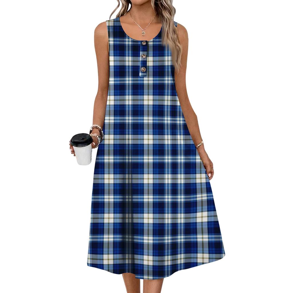 Women's Fashion Casual Sleeveless Button Plaid Print Dress with Pocket