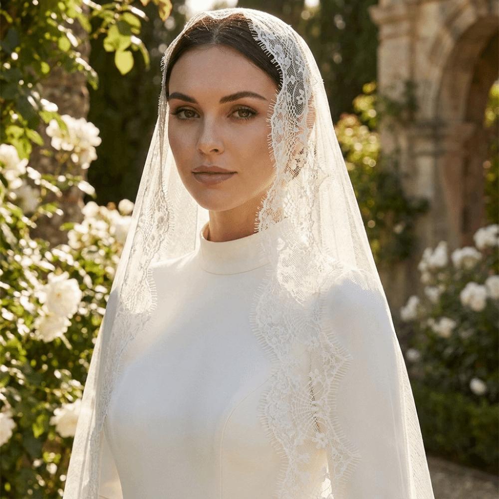 2M Long Bridal Headscarf Lace Edge Muslin Head Covering Elegant Wedding Veil Cathedral Wedding