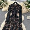 Frühling Herbst Damen Vintage Langarm Aushöhlen Spitze Lang Midi Partykleider
