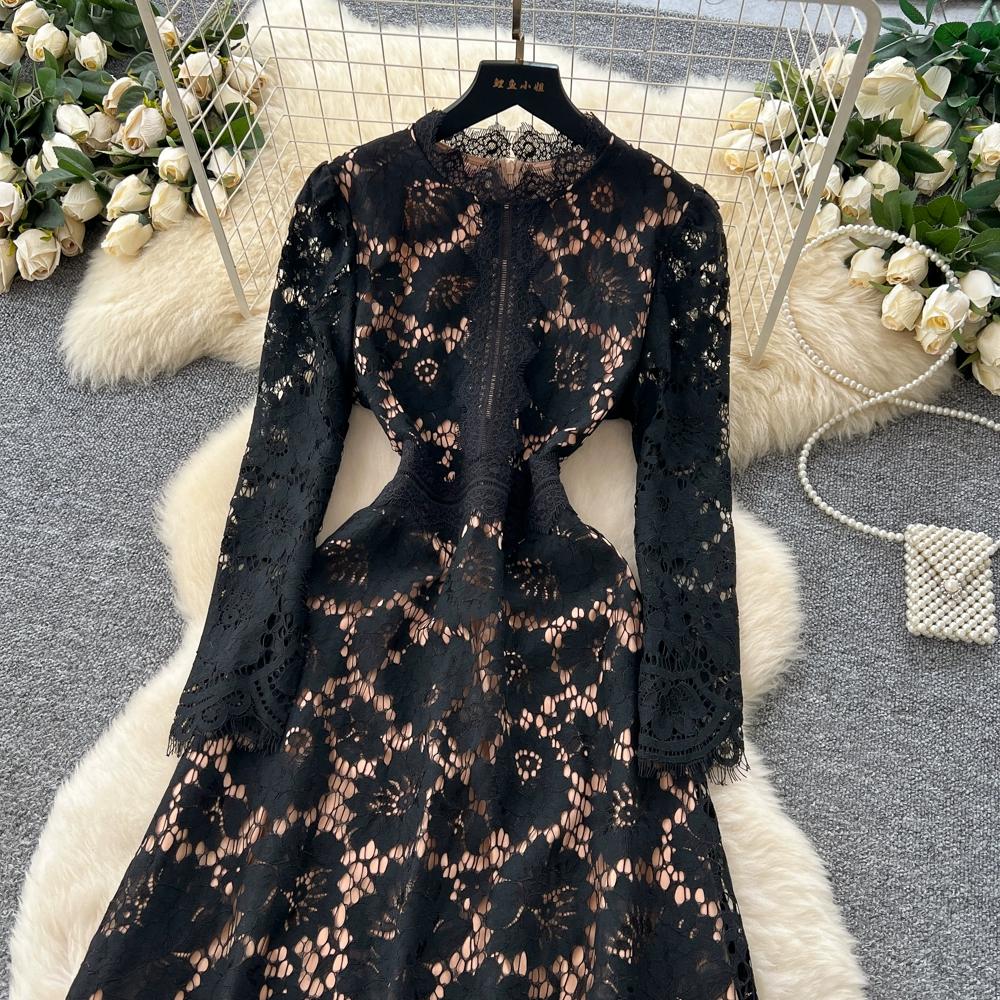 Vestidos Midi de Festa Femininos Vintage de Manga Comprida Vazados em Renda para Primavera Outono