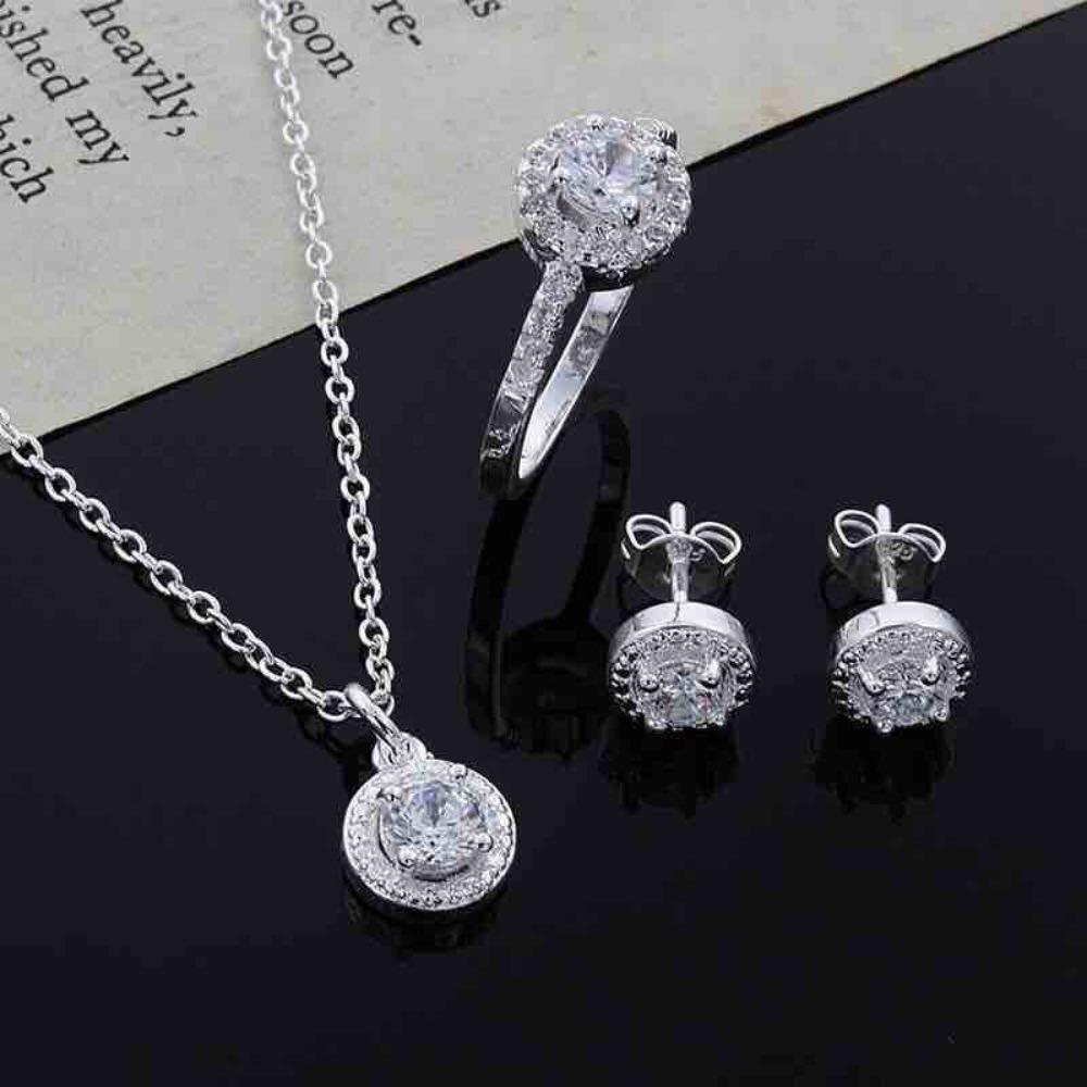 

Women Jewelry Set Cubic Zirconia Crystal Silver Necklace Ring Earrings 3Pcs Elegant Gift
