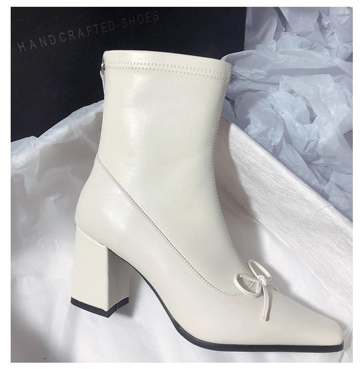 

2024 autumn and winter new square head thick heel bow Korean small ankle boots elastic thin boots white fashion short boots women 40 білий