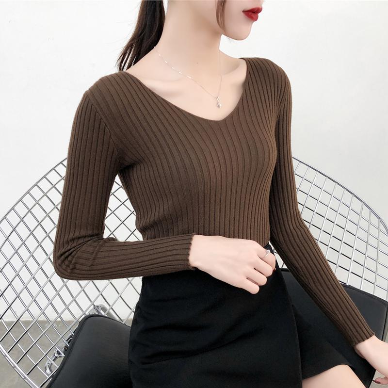 Autumn and Winter V-neck Knitted Sweater for Women Fashion Slim Fit Long Sleeve Base Pullover Sweaters Tops Ladies Elegant Solid Woman Knitwear 24978