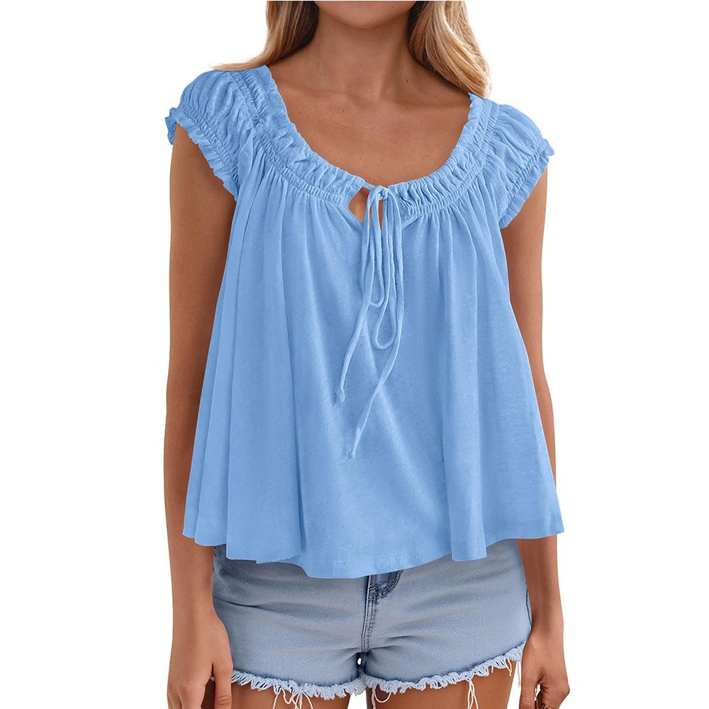 Womens Off Shoulder Ruffle Short Sleeve Tie Front Loose Blouse