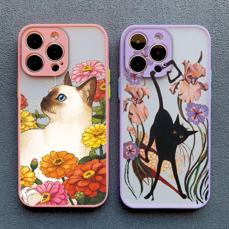 Lovely Black Cats And Flower Phone Case For iPhone 17 16 15 14 13 12 11 Pro Max Mini 15 14 Plus XR X XS Shockproof Back Covers