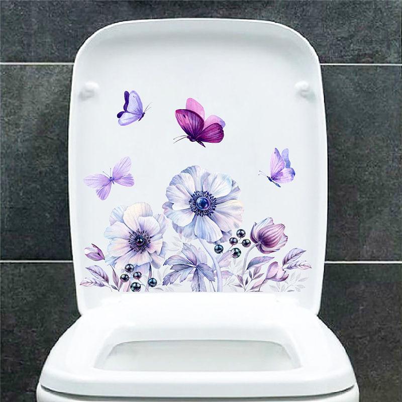 Adesivi per WC Fiori Viola e Farfalla, Decalcomanie Impermeabili Rimovibili per Decorazione Parete Bagno, Autoadesivi