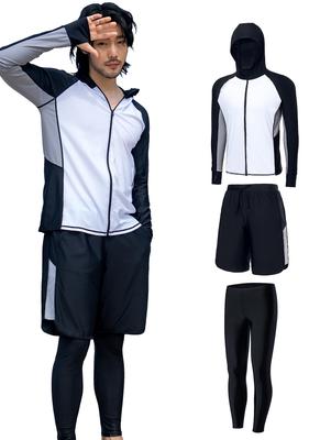 NARANNBU Long Sleeve Rash Guard Set and and Swim UV Plus Sizes White Men's Swimsuit, 3-Piece (Top Bottoms), Hoodie, Leggings, Trunks, Cooling,