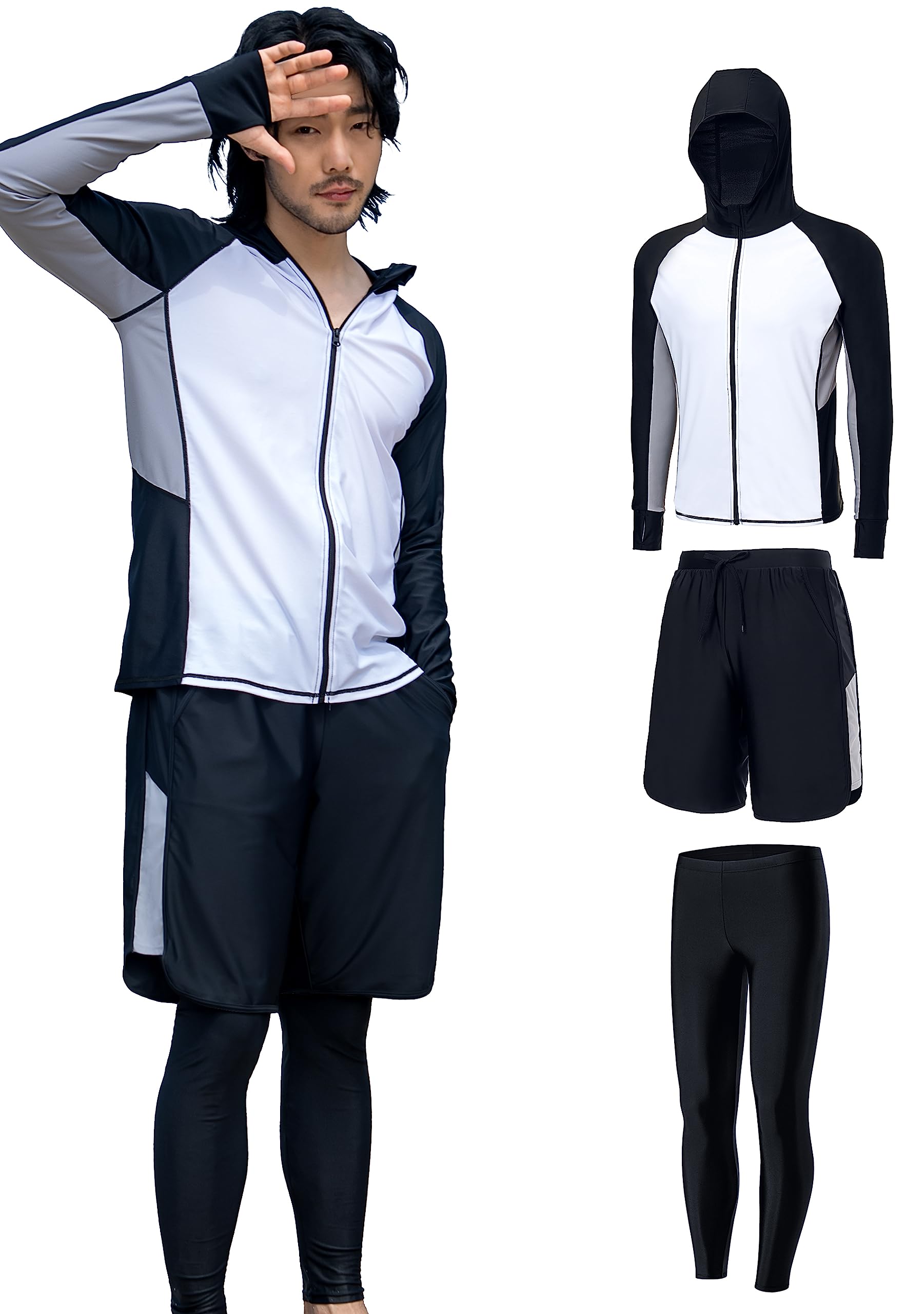 

NARANNBU Long Sleeve Rash Guard Set and and Swim UV Plus Sizes White Men s Swimsuit, 3-Piece (Top Bottoms), Hoodie, Leggings, Trunks, Cooling,