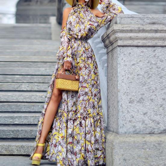 Vestido de playa cintura elástica ajustado hermoso ligero moda alta división dobladillo grande Floral Maxi vestido ropa femenina