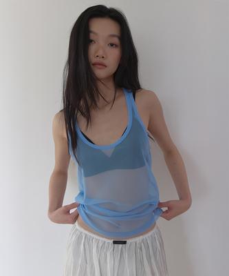 Lonkeu Sheer U-Neck Layered Sleeveless Top (Blue)