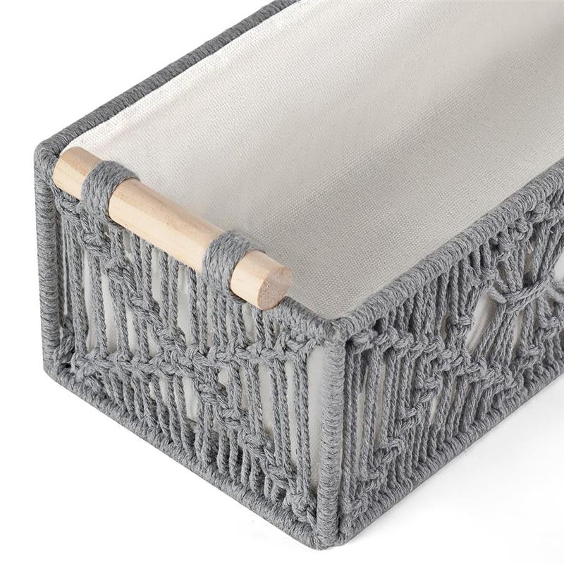 M-Modern-Boho Decor Macrame Storage Baskets Set Of 2 Handmade Woven Countertop Toilet Tank Shelf Cabinet Organizer Box Grey