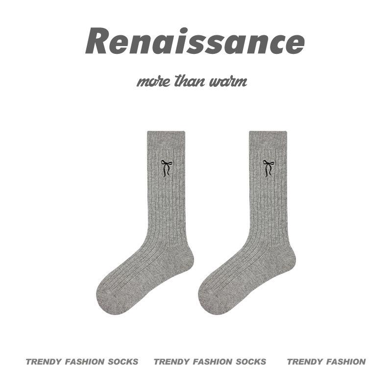 Damskie Renesansowe Haftowane Skarpetki Średniej Długości z Kokardą - Jednolity Kolor, Styl Wiosenno-Jesienny, Przyjazne Studentom, Bezszwowy Design