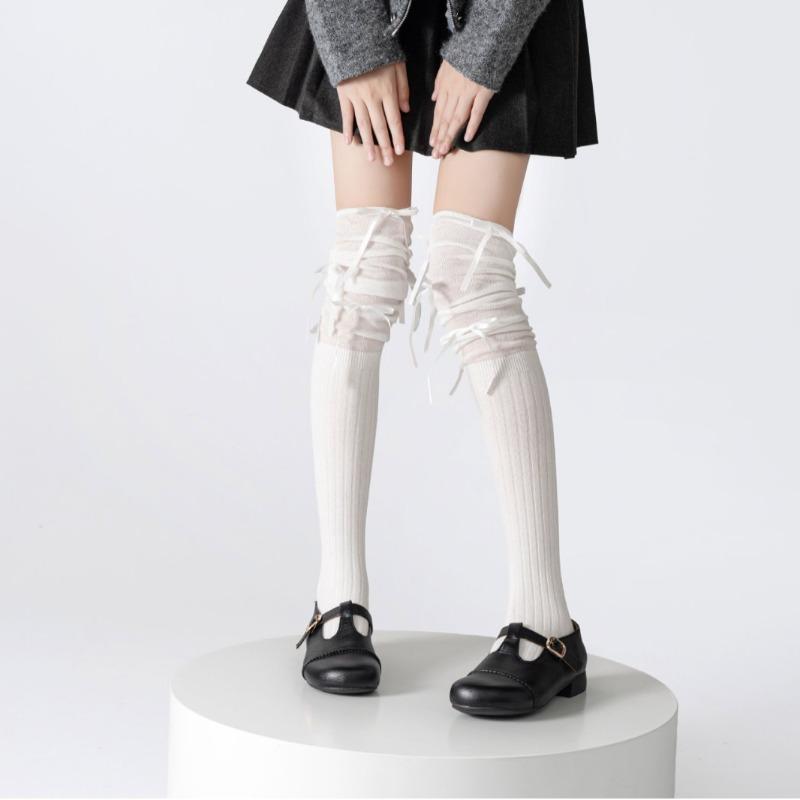 Bow Ribbon Socks, Women's Calf Socks, High Appearance Level, Ballet Style, Mesh Patchwork, Lolita Over-the-knee Socks