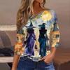 Women's Casual Top with Halloween Print Three Quarter Sleeve Neck Pullover for Fall Everyday Wear