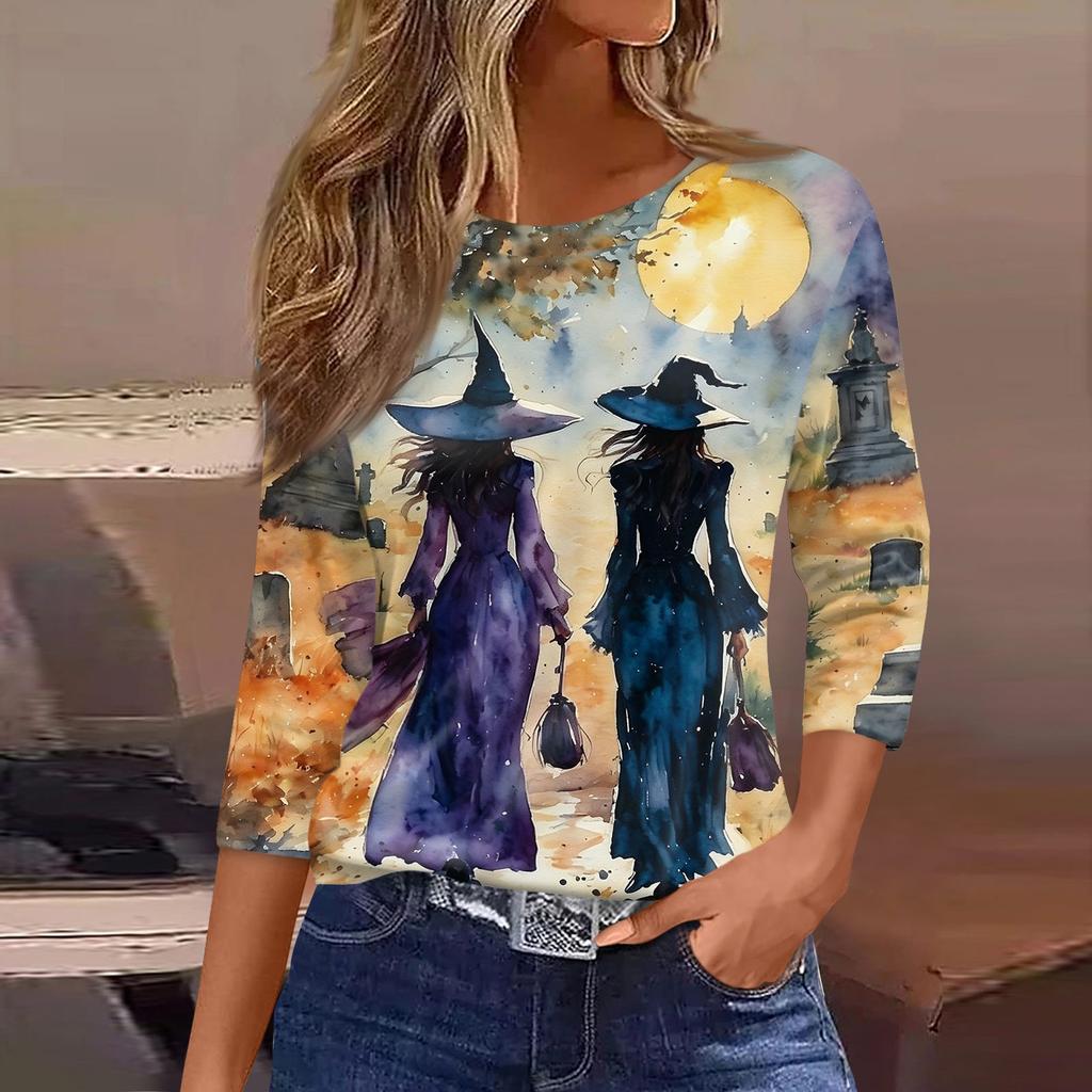 Women's Casual Top with Halloween Print Three Quarter Sleeve Neck Pullover for Fall Everyday Wear