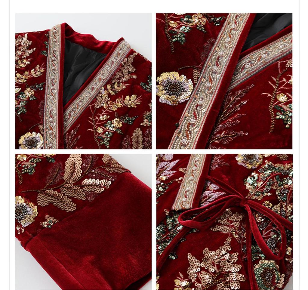 V-neck Embroidered Chinese Style Winter Down Jacket & Skirt Suit NY064