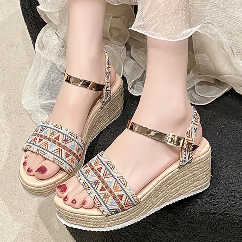 Fashion Women's Sandals Bohemian Champagne Platform Shoes for Women Fashion Buckle Wedge Sandal Summer Thick Bottom Open Toe Sandalias