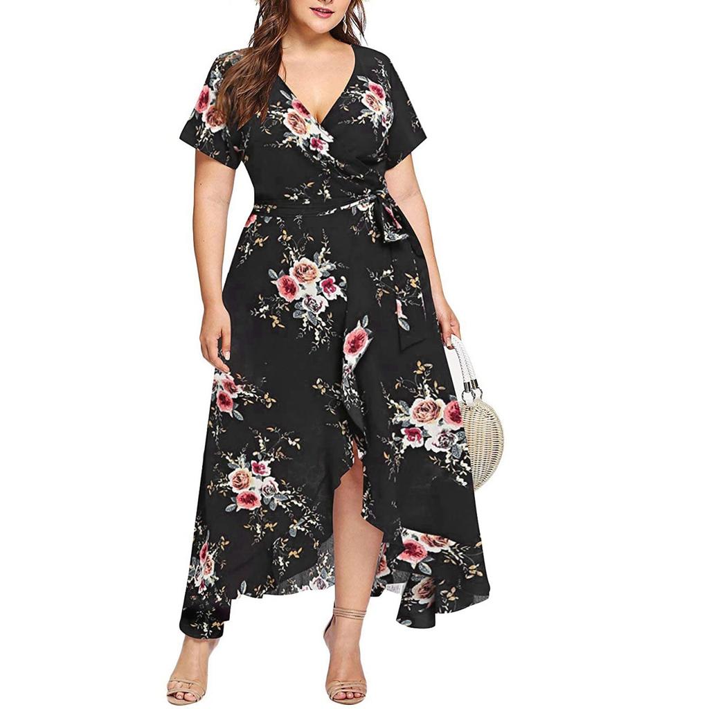 Women's Casual High Waist Belly Concealing V-Neck Print Plus Size Dresses