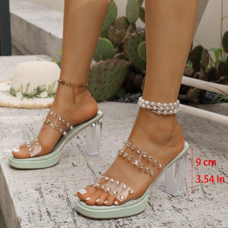 High-heeled Cool Slippers, Summer New Crystal Fashion Rhinestone Transparent One-word Cool Slippers
