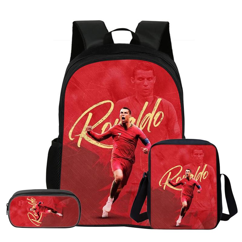 Set de 3 Piezas para Niños Mochila Estrella de Fútbol Estudiante Bolso de Hombro Escolar Bolsas para Lápices Ronaldo Mochila Escolar CR Mochila Mejor Regalo
