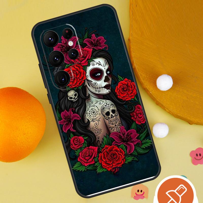 Mexican Skull Girl Tattooed Art Phone Case For Samsung Galaxy S25 Ultra S24 S22 S21 Ultra S9 S10 S20 Plus S23 FE Funda Cover