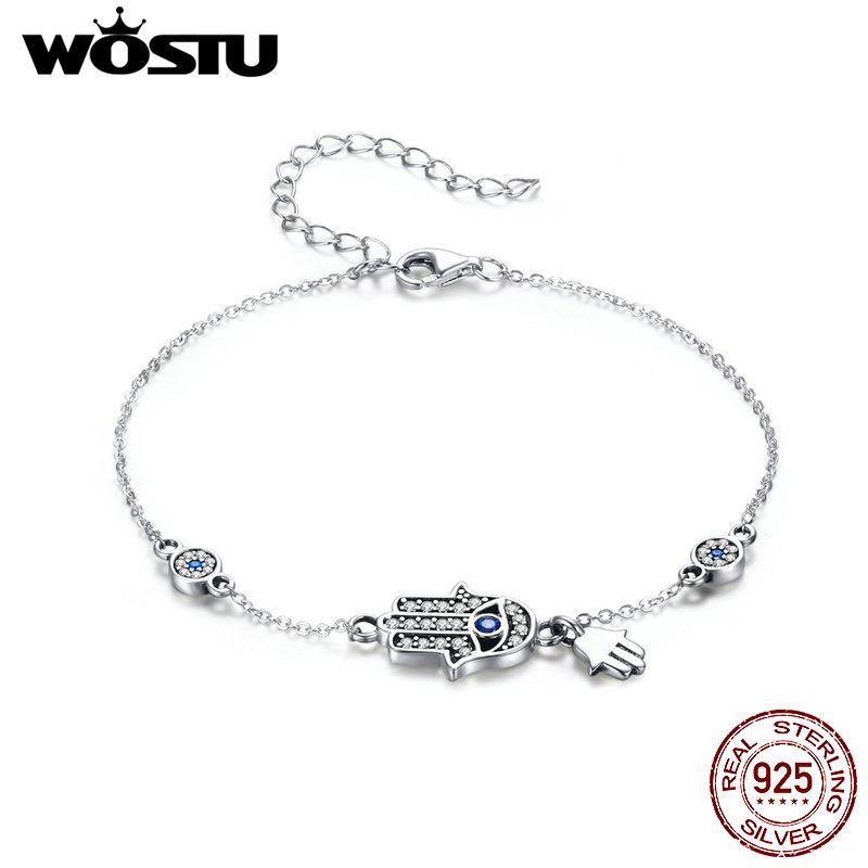 WOSTU 925 Silver Fatima of Hand Hamsa Eye Bracelets Blue Zircon Chain Link For Women Bangles Fashion 925 Jewelry CQB079