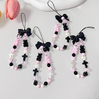 Y2K Bowknot Phone Chain Sweet Cool Beads Pendant Earphone Case Charm Anti-Lost Lanyard Wrist Strap Bag Decor